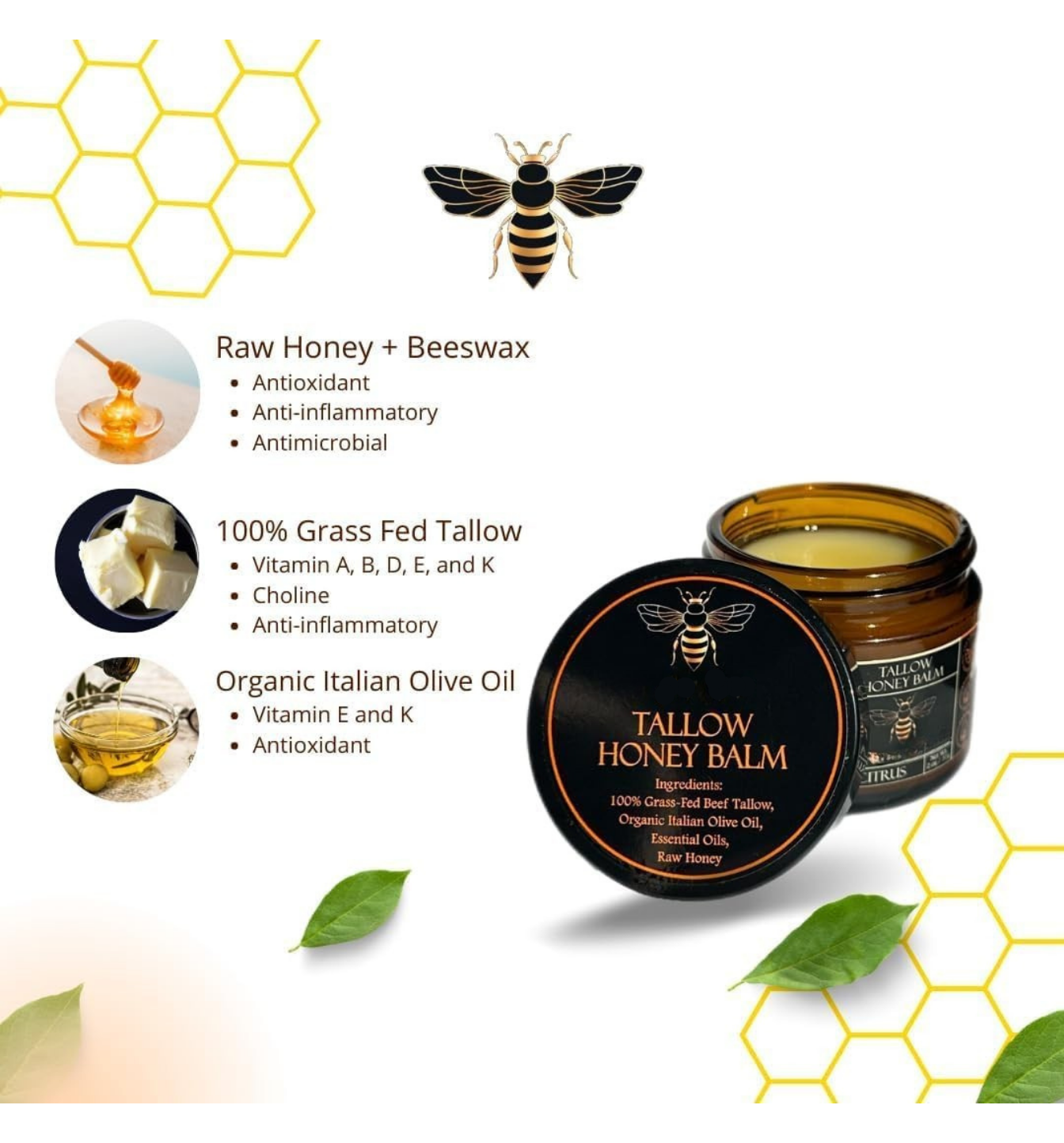 Organic Grass-Fed Beef Tallow Balm with Raw Honey