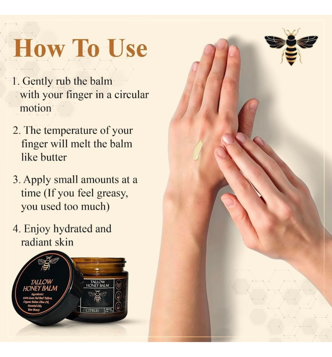 Organic Grass-Fed Beef Tallow Balm with Raw Honey