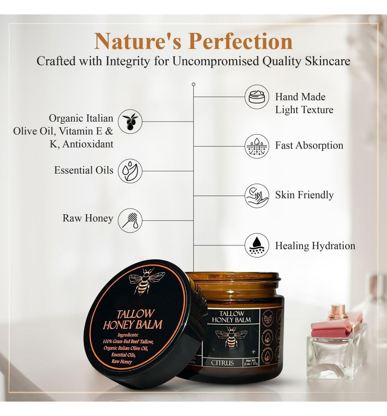Organic Grass-Fed Beef Tallow Balm with Raw Honey